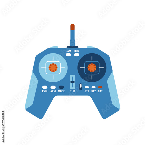 Illustration of a remote control with buttons and joysticks.