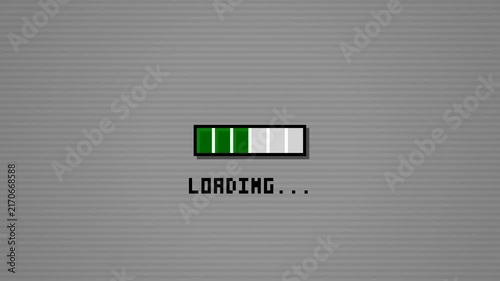 Retro pixel loading bar green progress filling with loading text on gray background