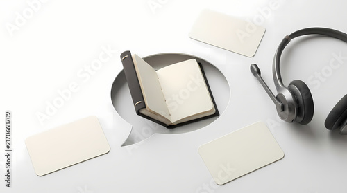 Open notebook with call center headset and blank note cards