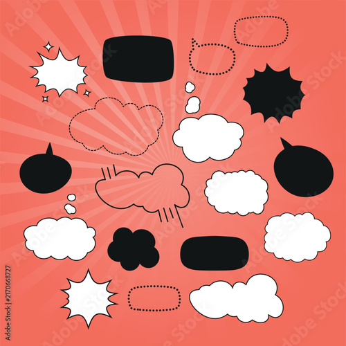 Set of blank speech bubbles and dialogue windows made of dots and dashes On a bright comic book-style background