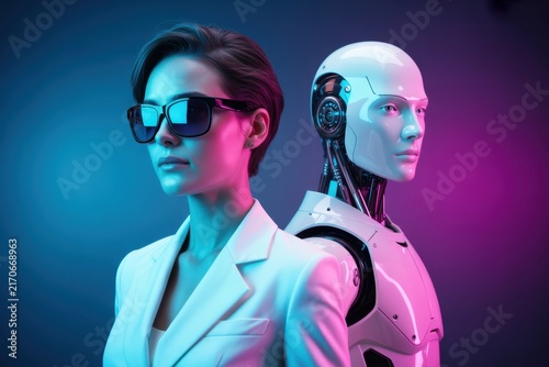 Business woman wearing stylish sunglasses standing beside a white humanoid robot against a vibrant dual tone pink and blue neon background