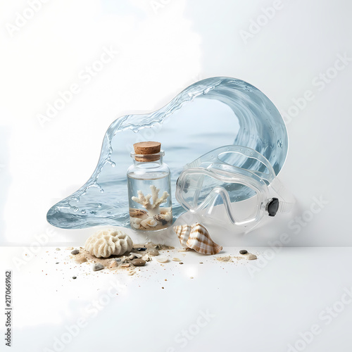 Diving goggles, glass jar with coral and shells on sand