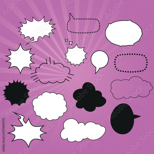 Set of blank speech bubbles and dialogue windows made of dots and dashes On a bright comic book-style background