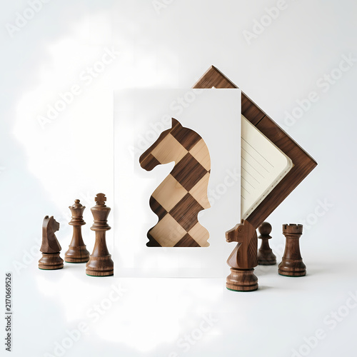 Chess knight shape cut paper with wooden chess pieces
