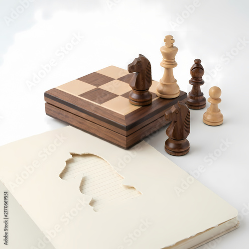 Chess pieces arranged with wooden chess board and diary