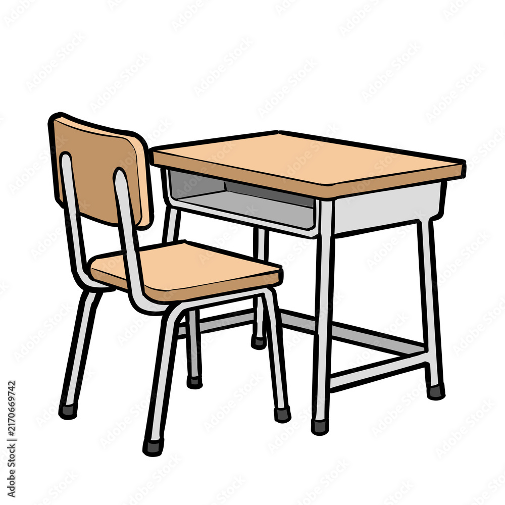 Fototapeta premium Cute cartoon wooden school desk and chair classroom furniture illustration isolated on transparent background