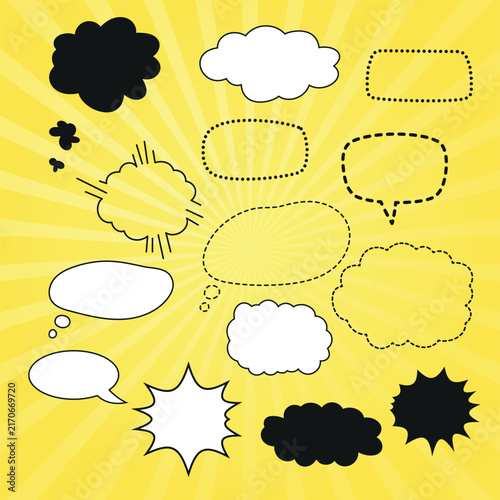 Set of blank speech bubbles and dialogue windows made of dots and dashes On a bright comic book-style background