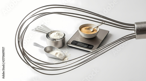 Baking tools measuring flour and sugar framed by whisk