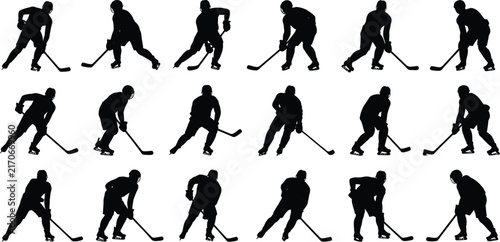 Canvas Print Collection of eighteen black silhouettes of ice hockey players in various action