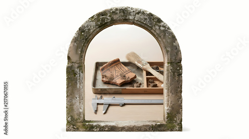 Ancient terracotta sherd and measuring tools inside stone archway