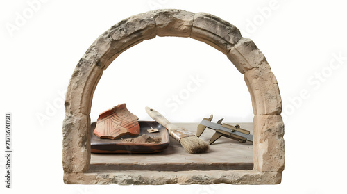 Archaeological excavation tools and pottery artifact framed by stone arch
