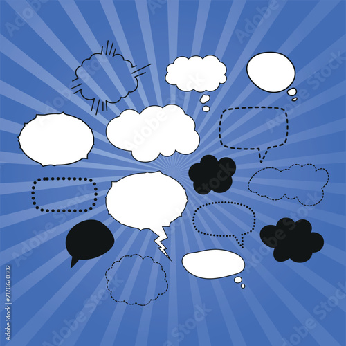 Set of blank speech bubbles and dialogue windows made of dots and dashes On a bright comic book-style background