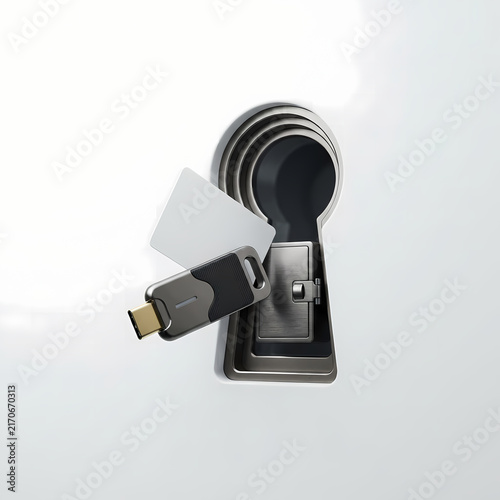 Digital security concept with USB hardware key and smart card in keyhole cutout