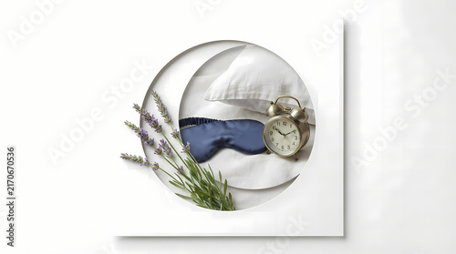 Good night sleep concept with silk eye mask, alarm clock, pillow, and fresh lavender flowers