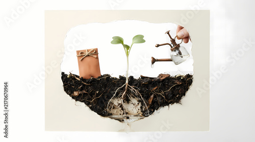 Watering a young green plant sprout in soil with a mini watering can