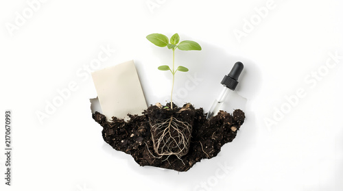Young green plant sprout with roots, soil, and dropper on white background