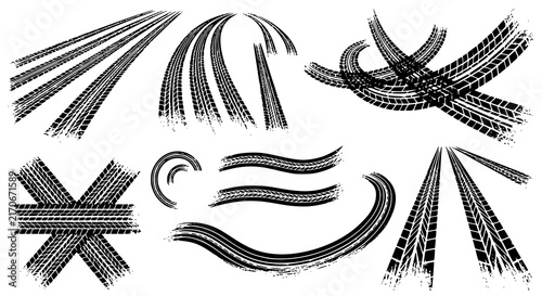 Tire tread marks after skidding, launch, drift, powerslide in motorsport, rally, off-road, motocross. Wheel texture with splash effect. Vector, JPEG version.