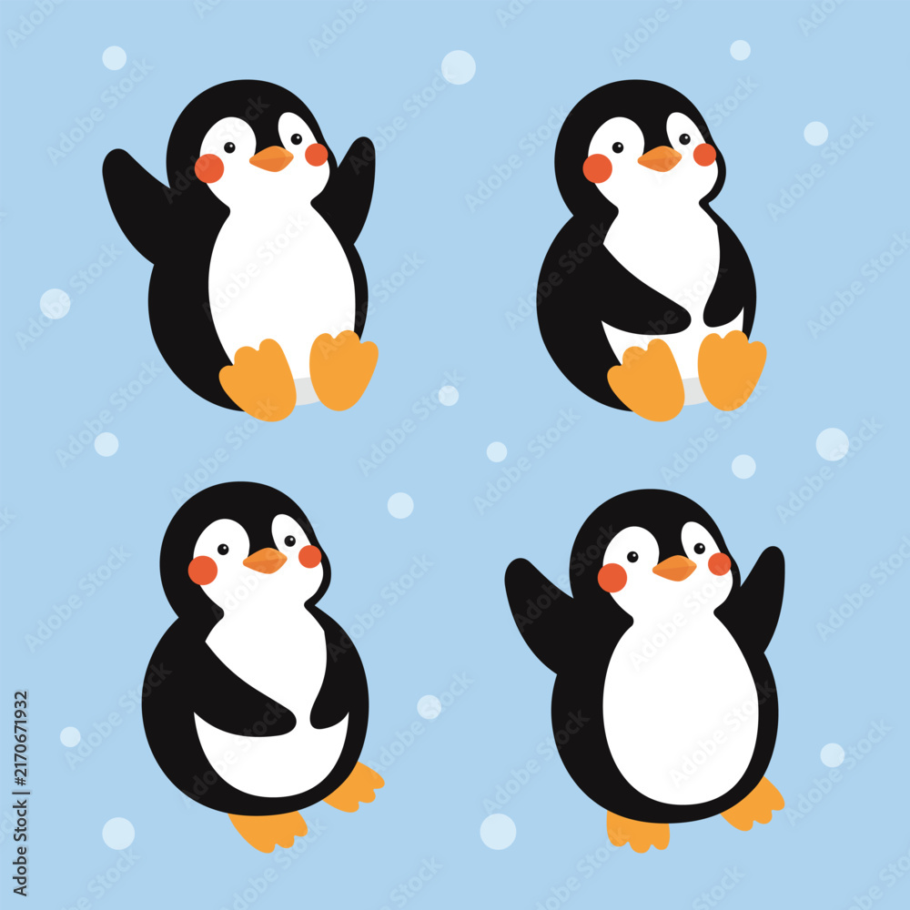 Fototapeta premium Cute Chubby Penguin Character Set with 4 Poses Vector Illustration for Kids