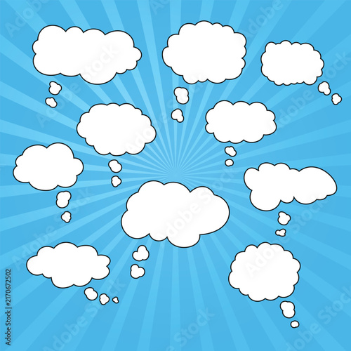 Set of blank speech bubbles and dialogue windows made of dots and dashes On a bright comic book-style background