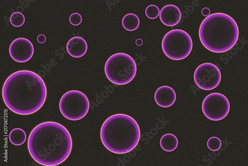 Neon purple glowing circles and soap bubbles floating on a dark background