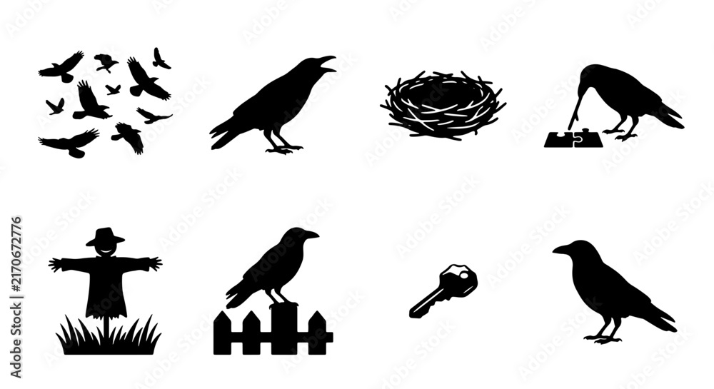 Fototapeta premium Crow Icons Set: Silhouette Birds, Nest, Scarecrow, Key, and Fence Vector Graphics for Autumnal and Gothic Themes