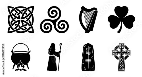 Irish Celtic Symbols Collection, 8 Black Icons: Knot, Triskele, Harp, Shamrock, Cauldron, Druid, Stone, Cross. Cultural Heritage Vector Graphics.