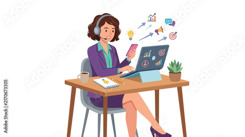 A professional businesswoman wears a headset while working at her desk with a laptop, smartphone, and marketing graphics.