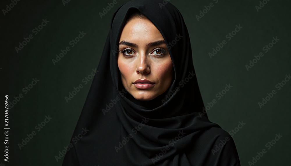 Naklejka premium Studio portrait of beautiful young Muslim woman in traditional black hijab looking at camera on dark background