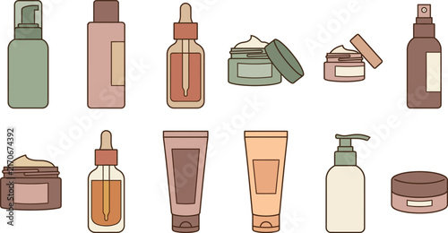 Various cosmetic containers in a flat vector illustration style with soft color palette