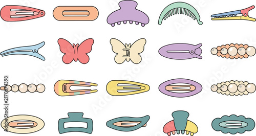 Various Hair Clips and Barrettes in Pastel Colors Vector Illustration Isolated on White