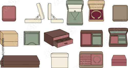 Various jewelry boxes and packaging in muted tones on a white background vector illustration