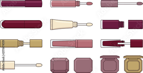 Various Lip Gloss and Lipstick Containers with Applicators in a Clean Grid Arrangement Vector Illustration