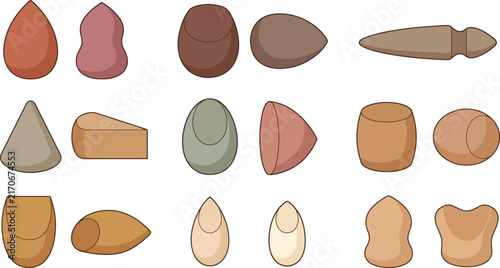 Various makeup sponges and applicators in different shapes and earth tones on white background vector illustration