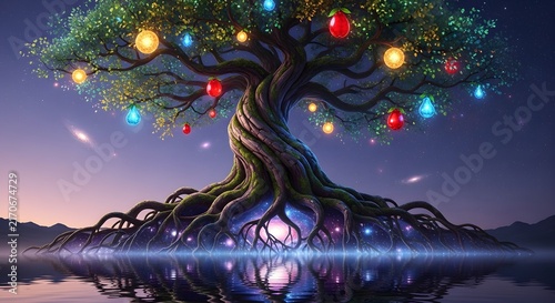 Magical glowing tree with colorful lanterns at night by a calm lake reflection