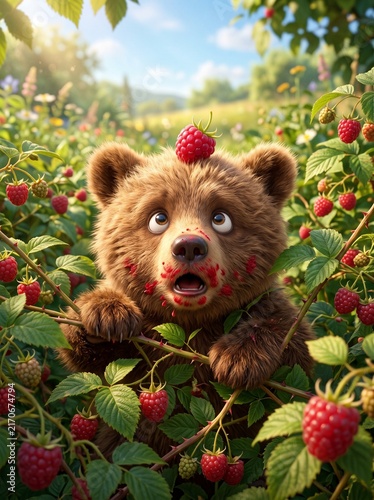 Cute brown bear cub eating raspberries in a sunny summer meadow.