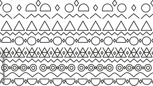 Abstract geometric pattern with ethnic tribal motifs and black outlines