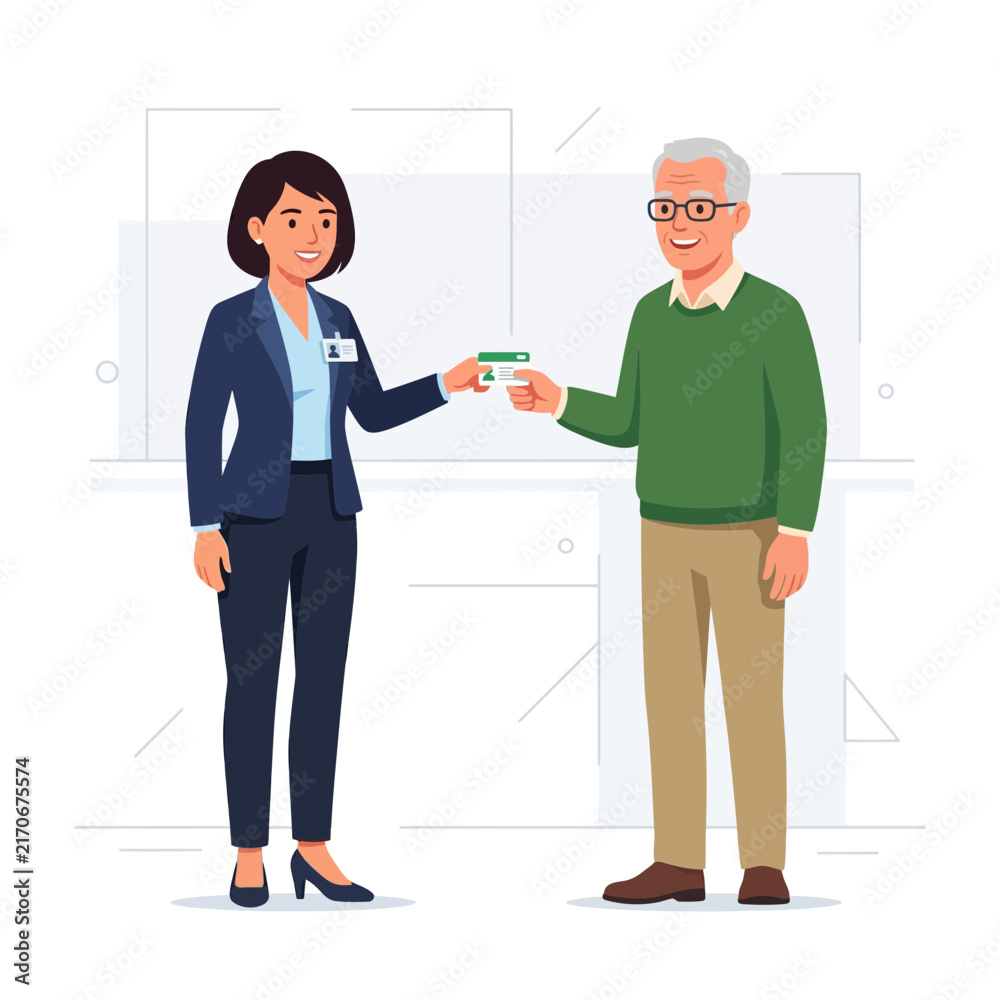 Fototapeta premium Friendly Interaction: Woman in Business Attire Hands Card to Elderly Man