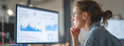 Business analyst reviewing financial charts on dual monitors in a modern office. Corporate finance, market analysis and investment strategy in a professional workplace.  banner