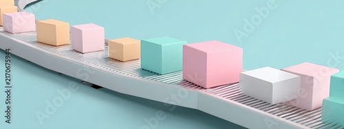 Colorful pastel 3D cubes moving along a conveyor belt, representing automation, manufacturing, and industrial production process.  banner