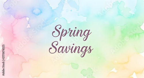 Spring savings sale banner with pastel watercolor background and promotional text overlay