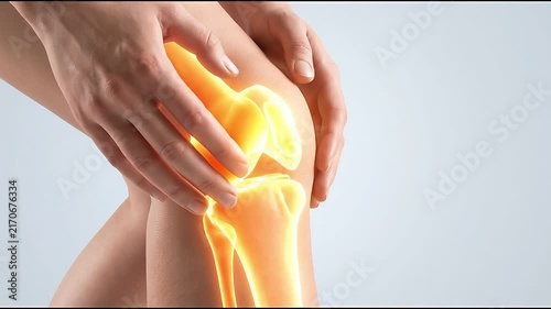 Knee Pain Osteoarthritis Joint Inflammation Injury Anatomy and Arthritis Treatment Concept Showing Hands Supporting Glowing Bone Leg Mobility Discomfort and Orthopedic Healthcare