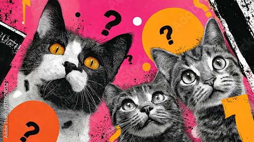 Curious cats gaze at colorful patterns and question marks in an artistic urban setting