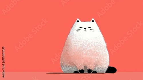 Fluffy white cat sitting proudly against a vibrant coral background