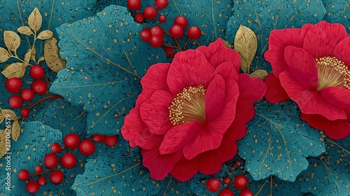 Vibrant blooms and lush leaves create a striking tapestry of nature's beauty