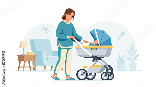 Mother Pushing a Baby Stroller Indoors, Cozy Nursery Scene