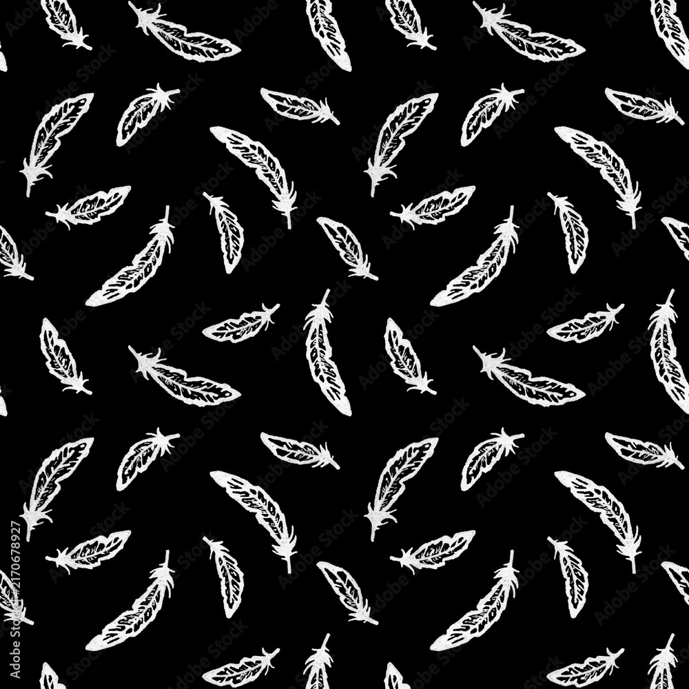 Naklejka premium Hand-drawn grunge white fineliner seamless pattern of flying raven feathers on black background for gothic textiles, dark fantasy apparel, witchy stationery, horror wrapping paper, mystical home decor