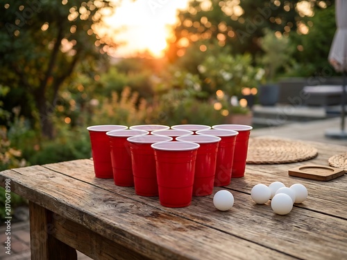 Red plastic cups for beer pong game on a wooden table outdoors during a sunny summer afternoon party. bierpong