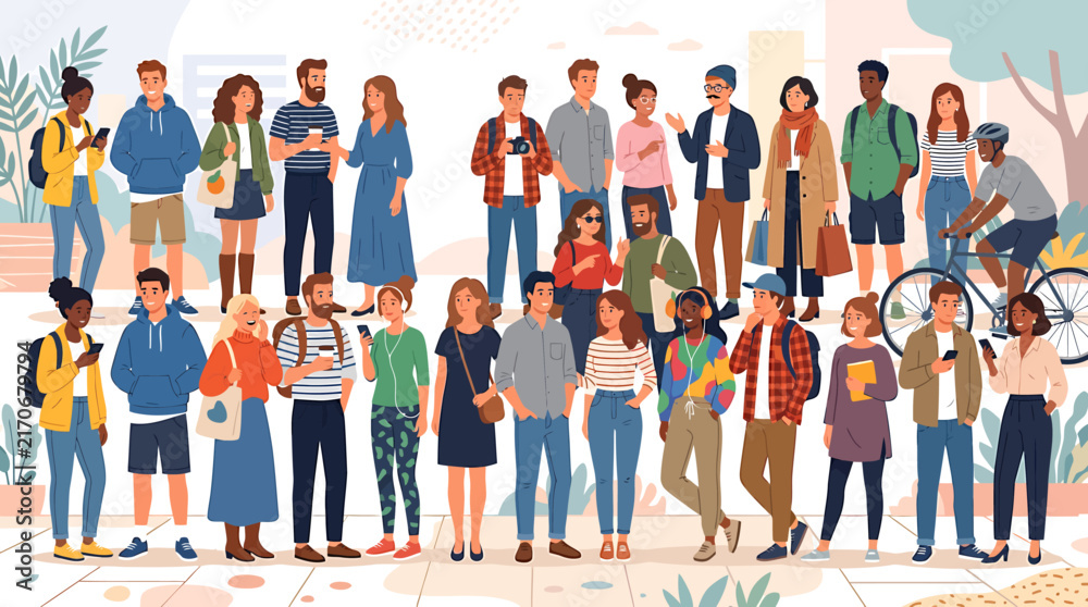 Fototapeta premium Diverse group of young people standing together outdoors in a vibrant urban environment showcasing community connection and modern lifestyle