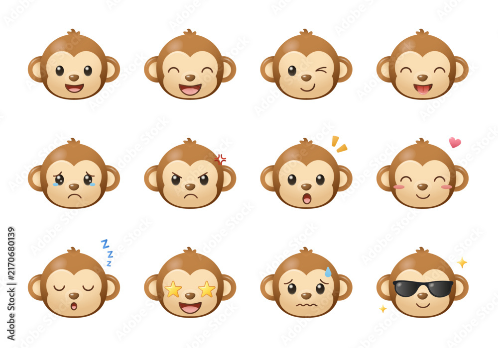 Naklejka premium Monkey Emoji Expression Set – 3D Cartoon Animal Face Collection