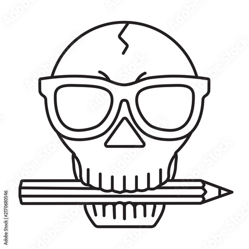 Cartoon human skull wearing sunglasses with pencil in jaw vector line icon for World Design Day on April 27